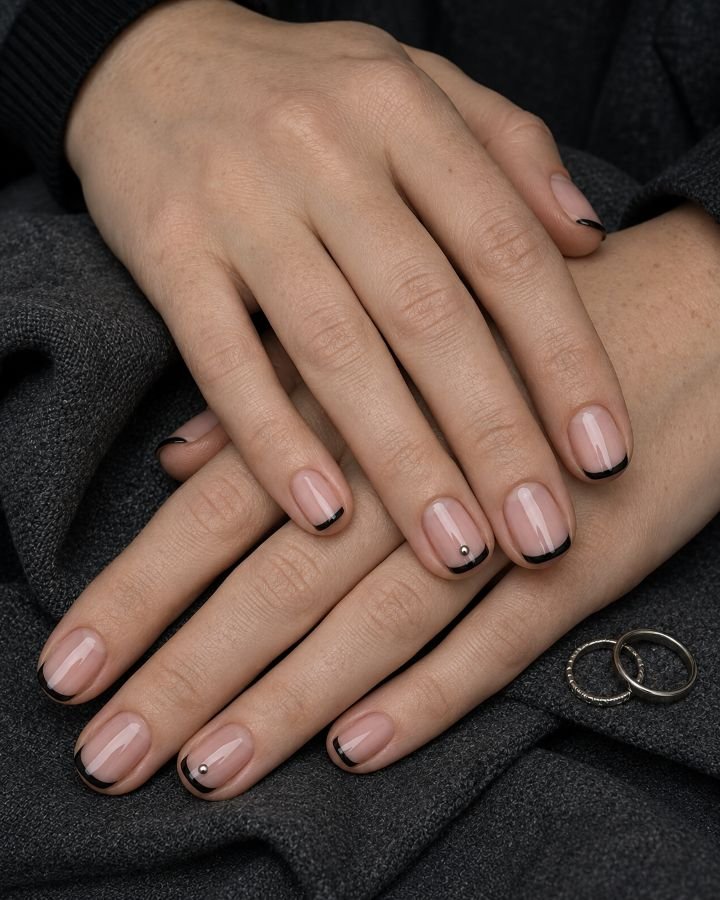Black Micro-French Tips With Pewter Studs
