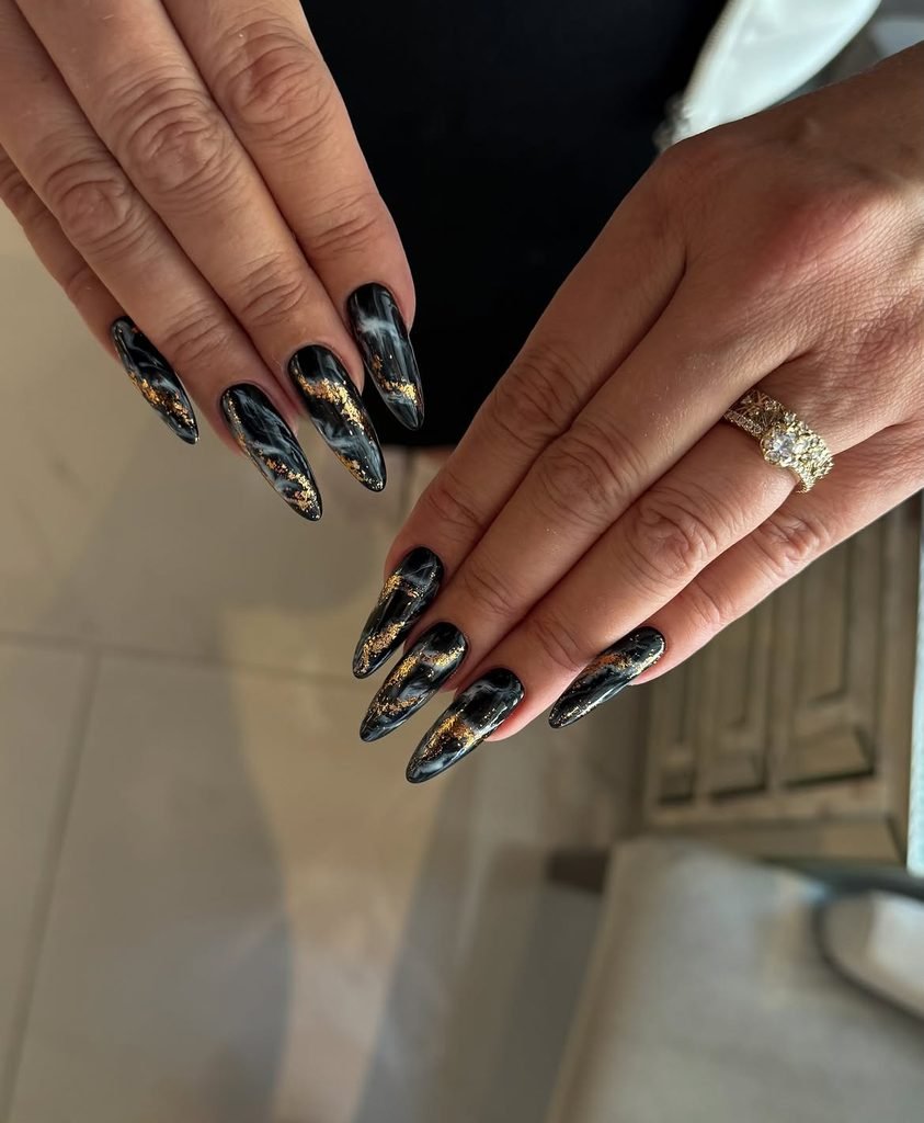  Black and Gold Marble Nails