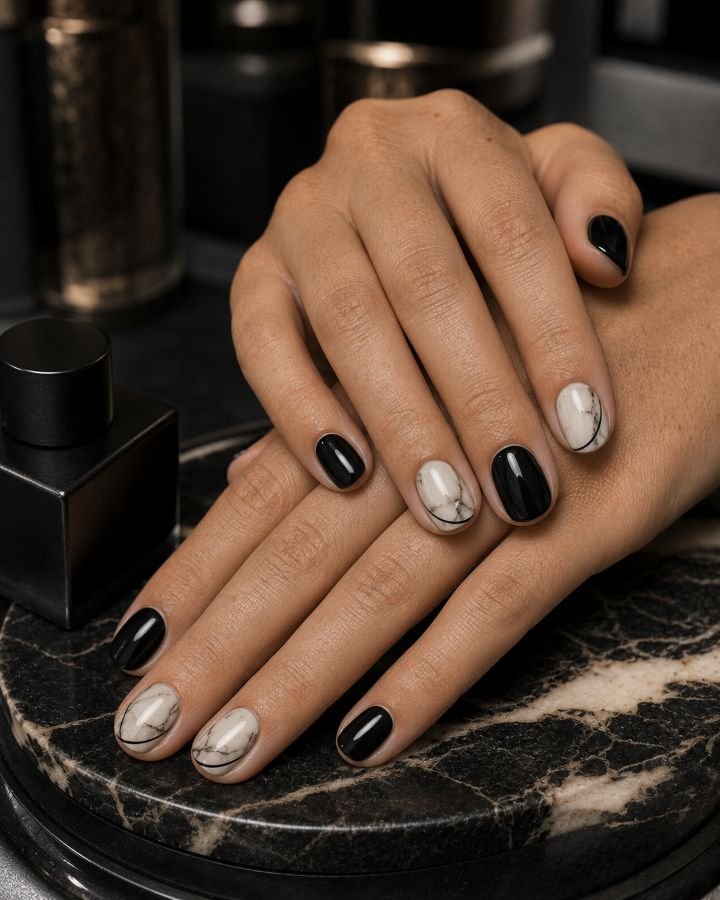  Black-and-Ivory Mini Marble Nails