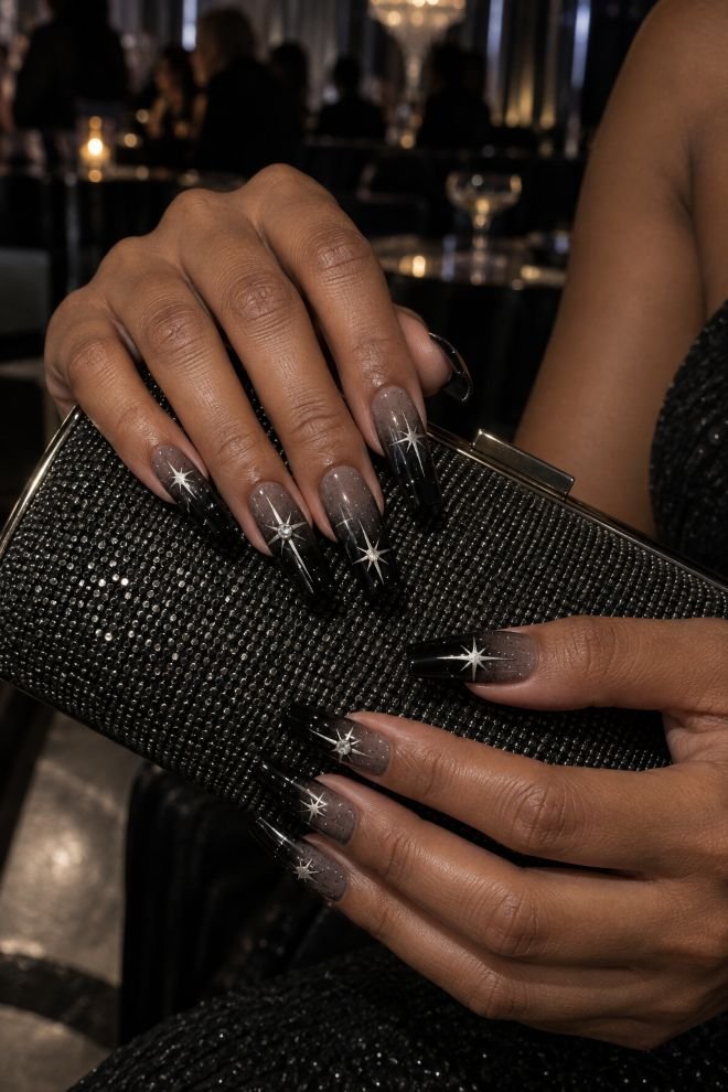 Black and Silver Starburst Coffin Nails