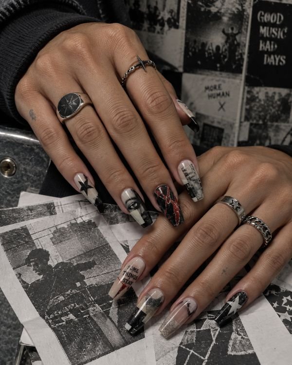 Black-and-White Zine Collage Nails