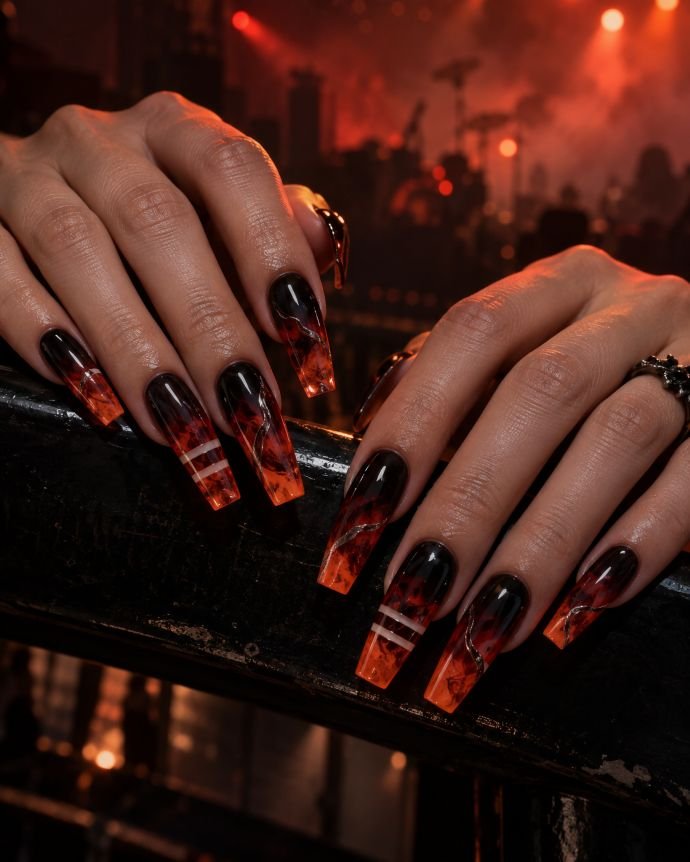 Black-to-Scarlet Pyro Nails