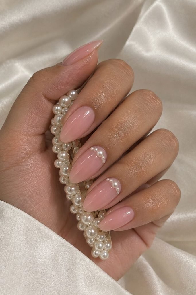 Blush Nails with Pearl Cuticle Arcs