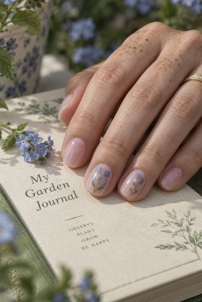 Bubble Bath Nails With Blue Flower Sprigs