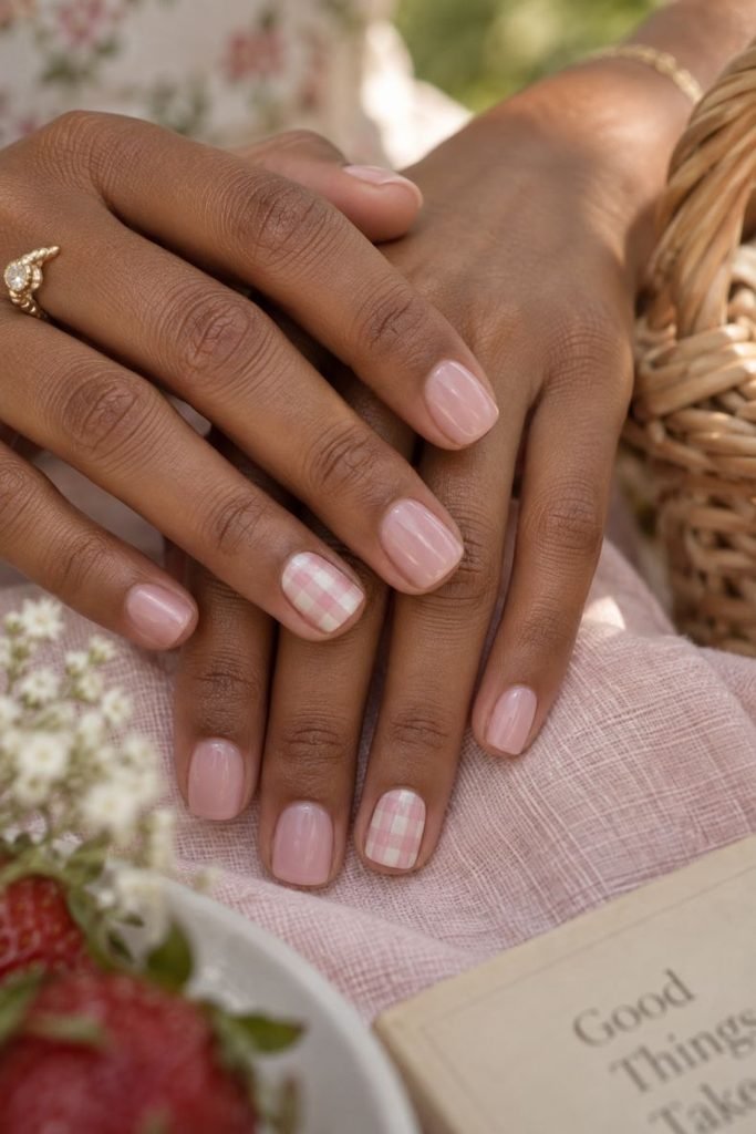 Bubble Bath Nails With a Pink Gingham Accent