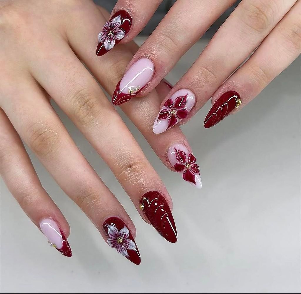 Burgundy Floral Nails