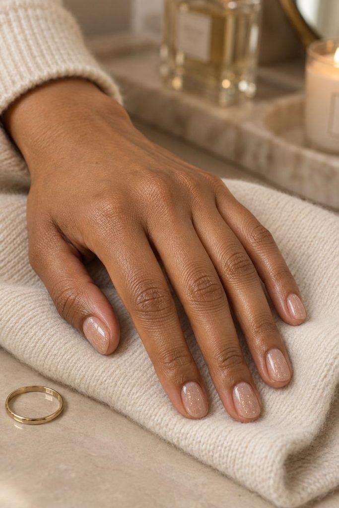 Champagne Micro-Glitter Nude Nails
