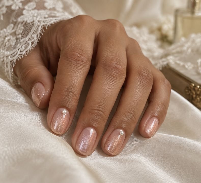 Champagne Pink Velvet Nails With Pearl Accents