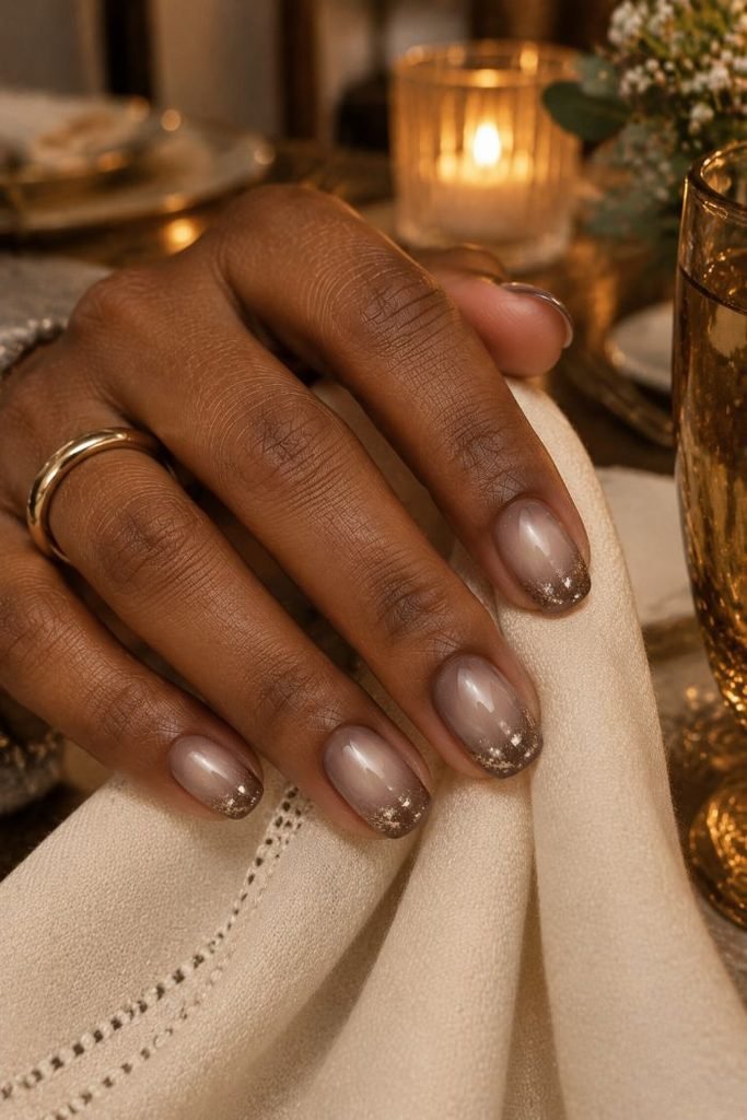Champagne Taupe Aura With Glitter Tips