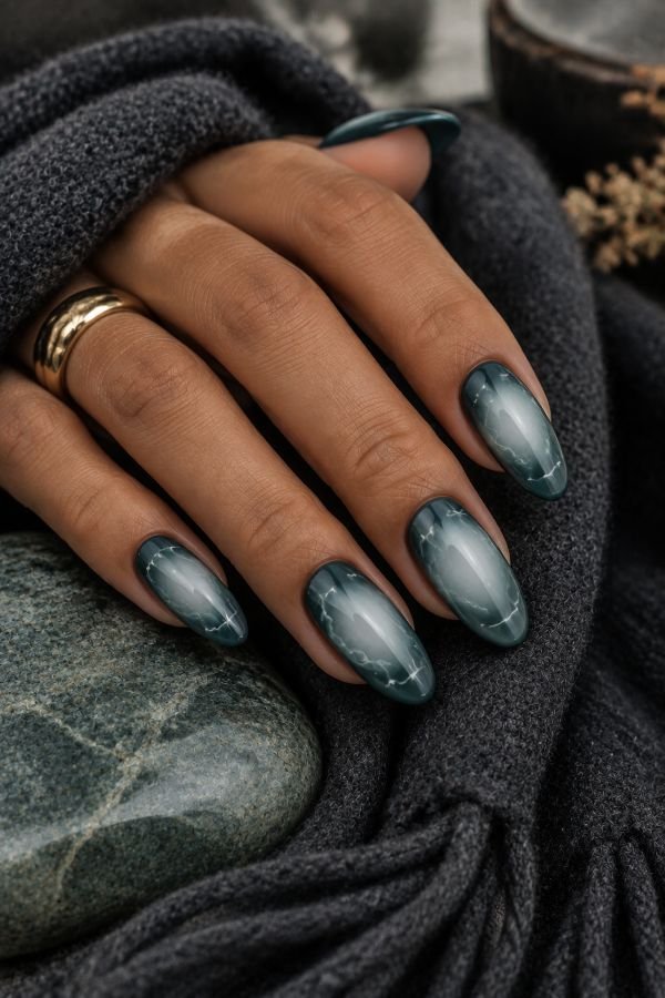Clouded Teal Aura Marble Nails
