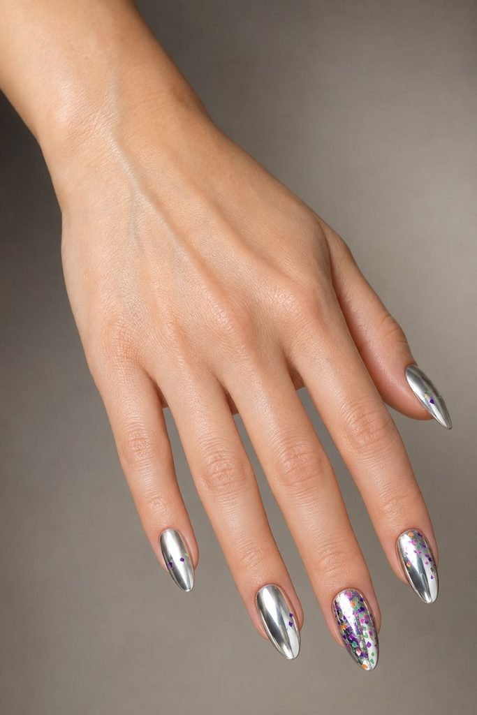 Confetti Chrome Almond Nails