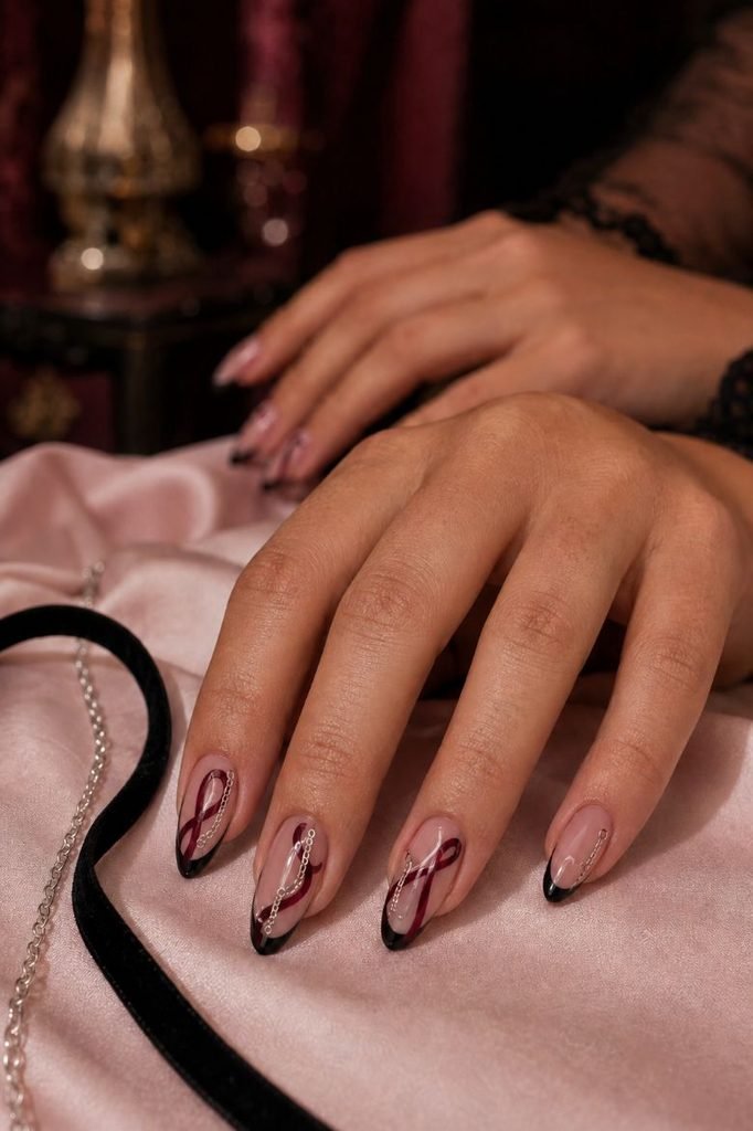 Dark-Coquette Ribbon-and-Chain Nails