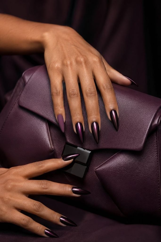 Deep-Plum Metallic Stiletto Nails
