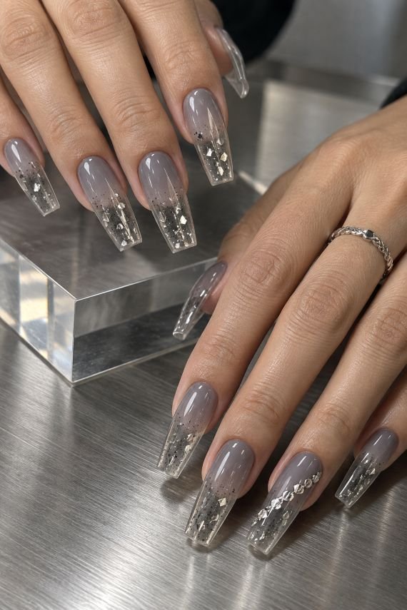  Encapsulated Silver Glitter-Shard Coffin Nails