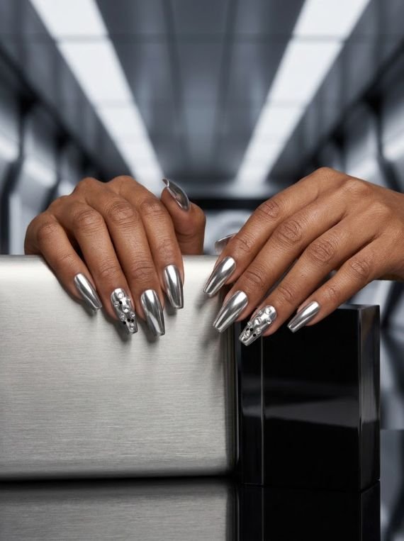 Floating Crystals on Chrome Nails