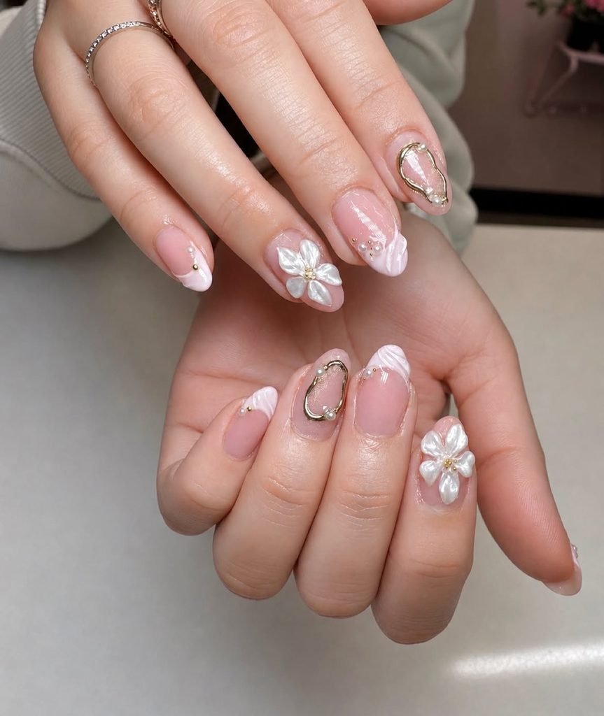 French Tip 3D Floral Nails