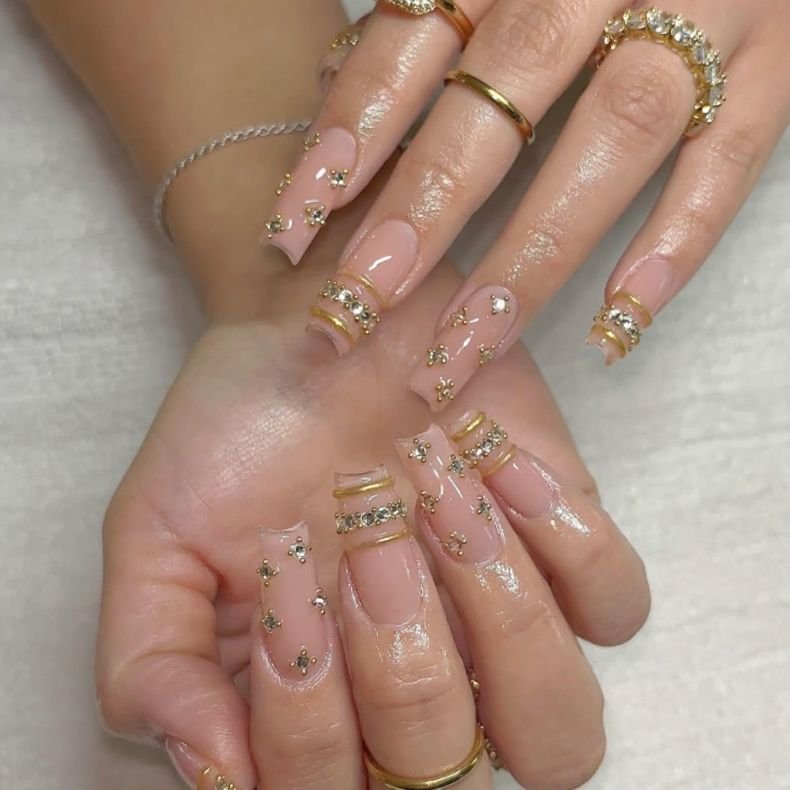 Gold Bangle-and-Crystal Nails