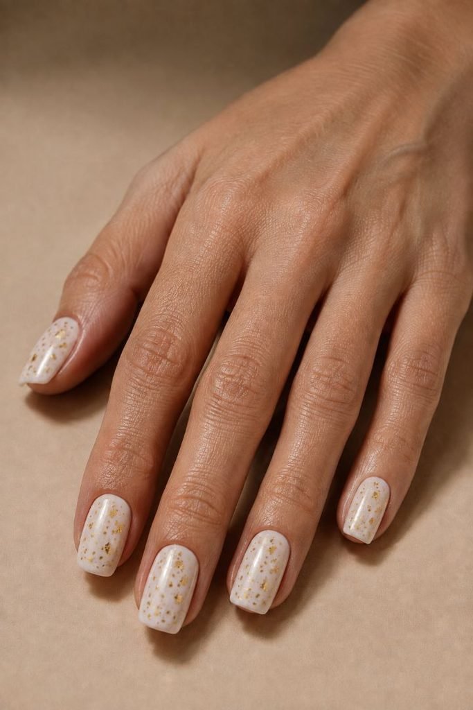 Gold Confetti on Milky White Nails