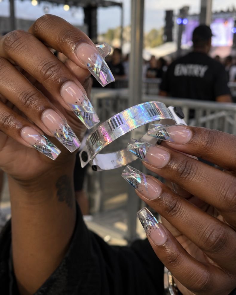 Holographic Wristband Clear-Tip Nails