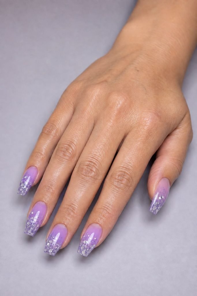 Lavender and Silver Confetti Nails