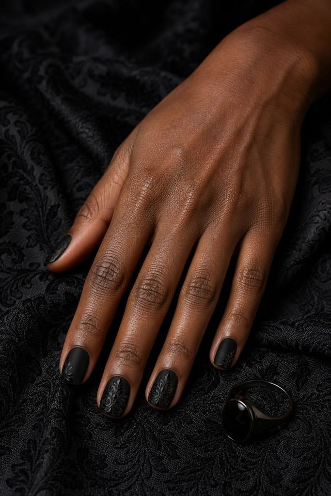 Matte Black Brocade Nails