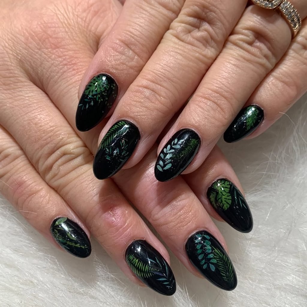 Matte Black Neon Botanical Nails