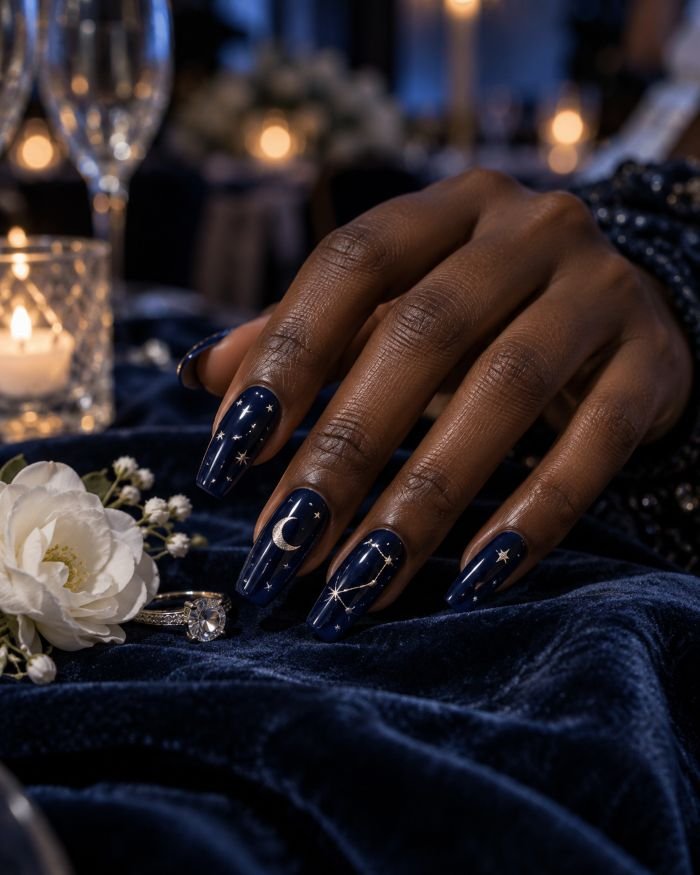 Midnight Navy Celestial Wedding Nails