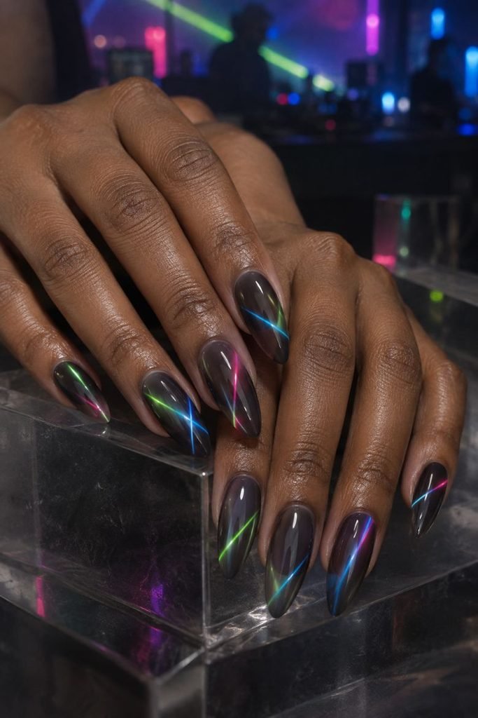 Neon Laser-Beam Almond Nails