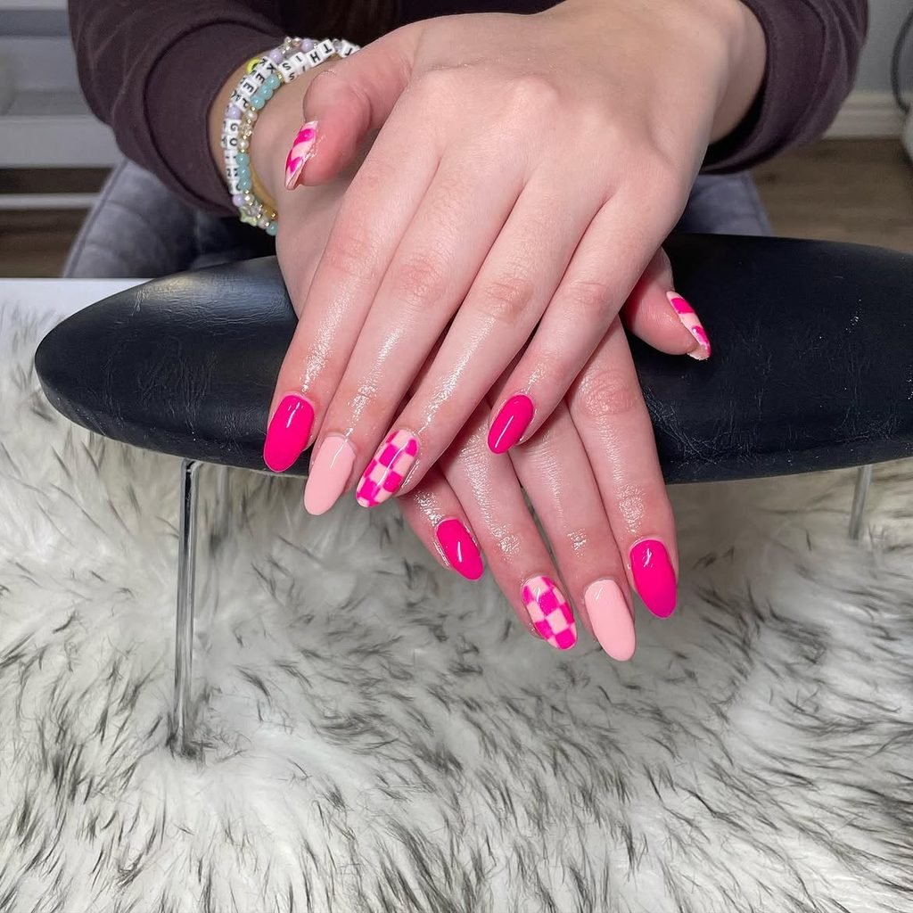 Neon Pink Checkerboard Nails