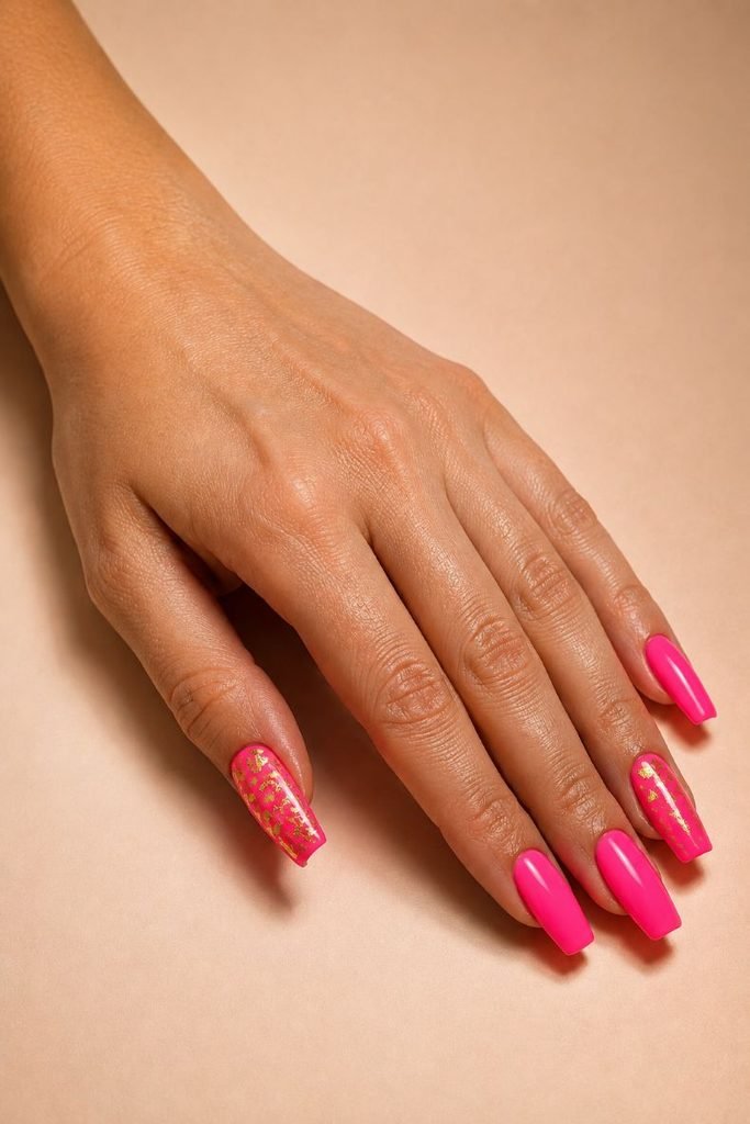 Neon Pink Coffin Nails With Gold Accents