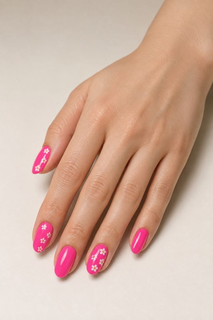 Neon Pink Floral Nails
