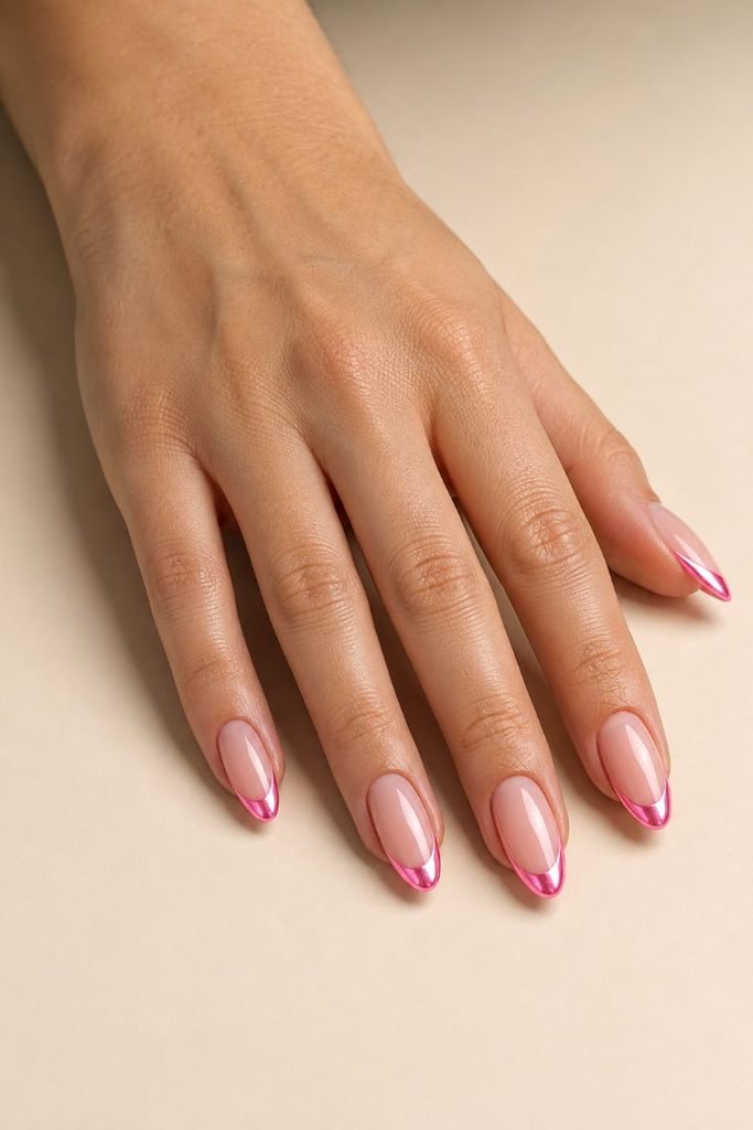 Neon Pink French With Chrome Tips