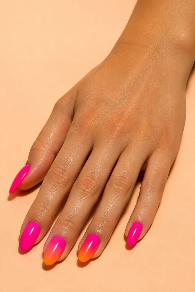 Neon Pink and Orange Sunset Nails