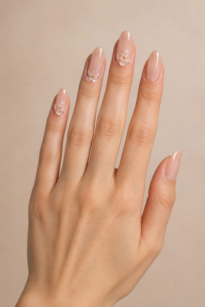 Nude 3D Floral Almond Nails