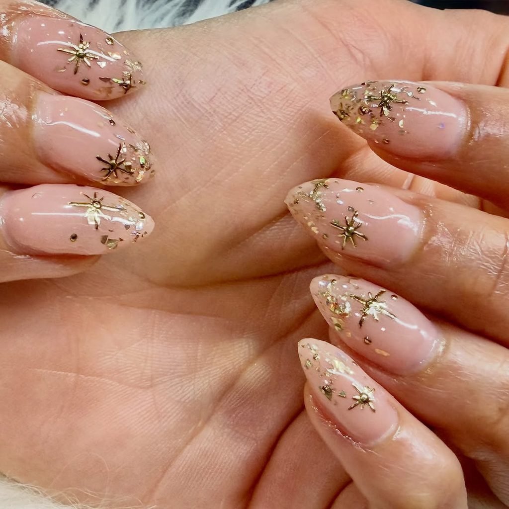 Nude Confetti Nails With Gold Foil