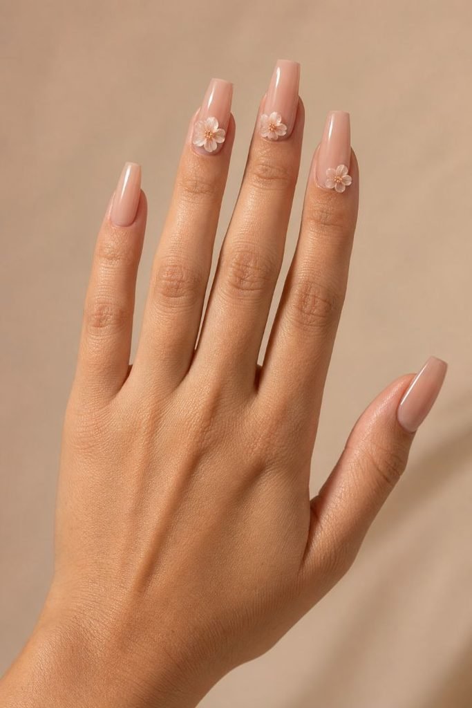 Nude Floral Coffin Nails