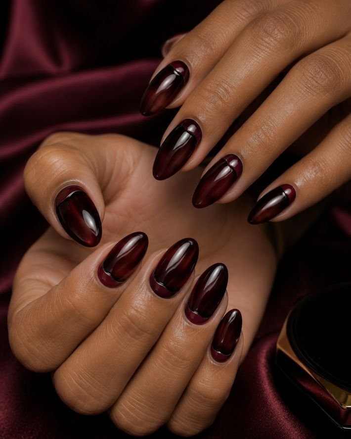Oxblood Reverse-French Almond Nails