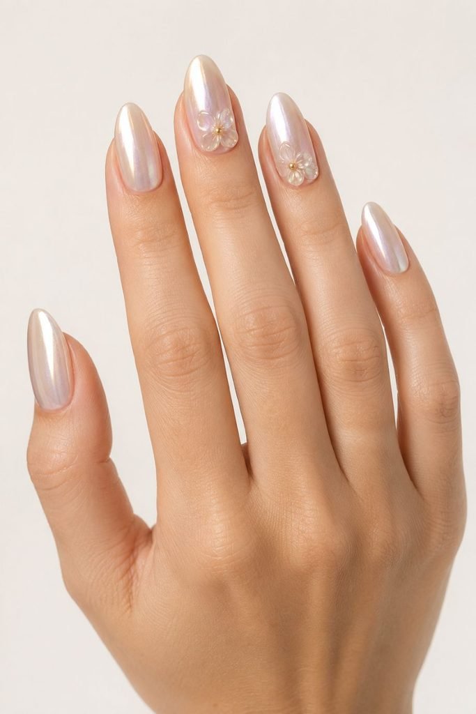  Pearl Chrome Floral Nails