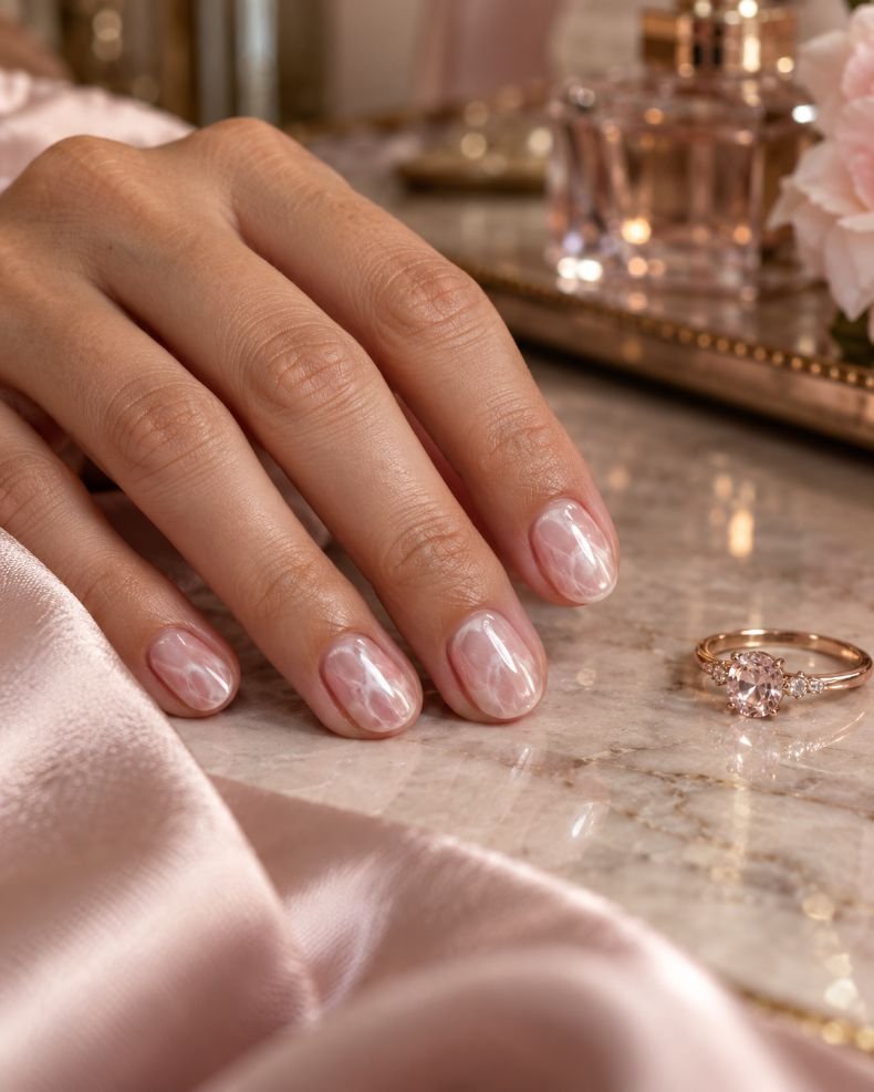 Pearl-Chrome Rose Quartz Nails