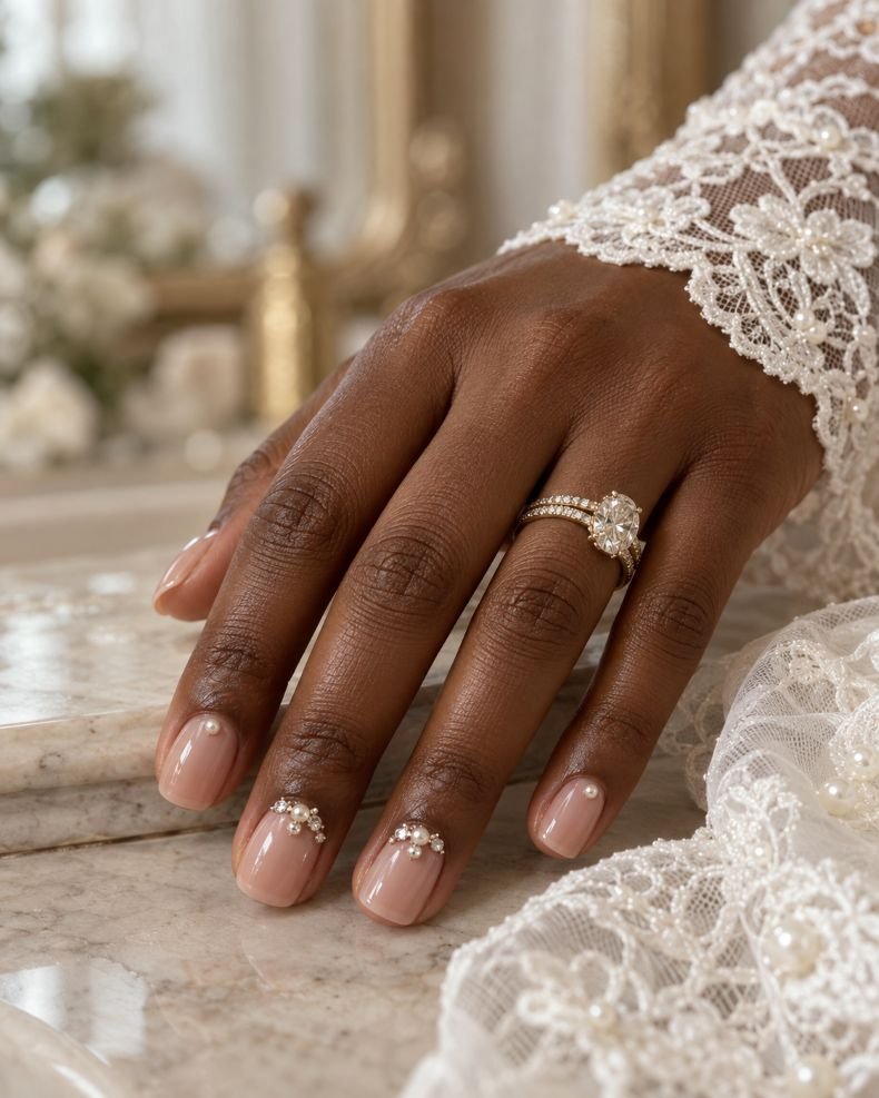 Pearl Cuticle Details on Short Squoval Nails