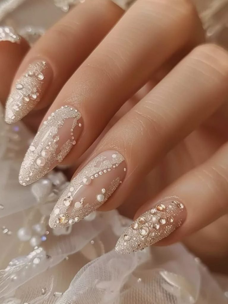 Pearl-and-Crystal Bridal Cluster Nails