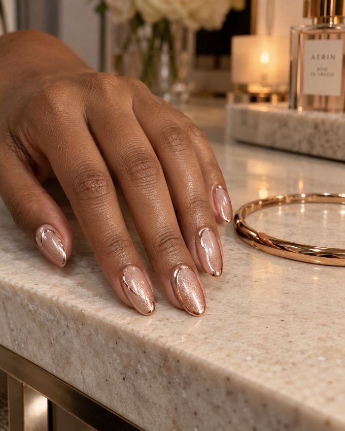 Pink Velvet Nails With Rose Gold Chrome Outlines