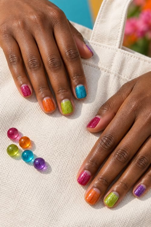 Rainbow Micro-Glitter Skittle Nails