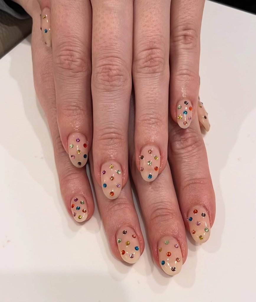 Rainbow Polka-Dot Gem Nails