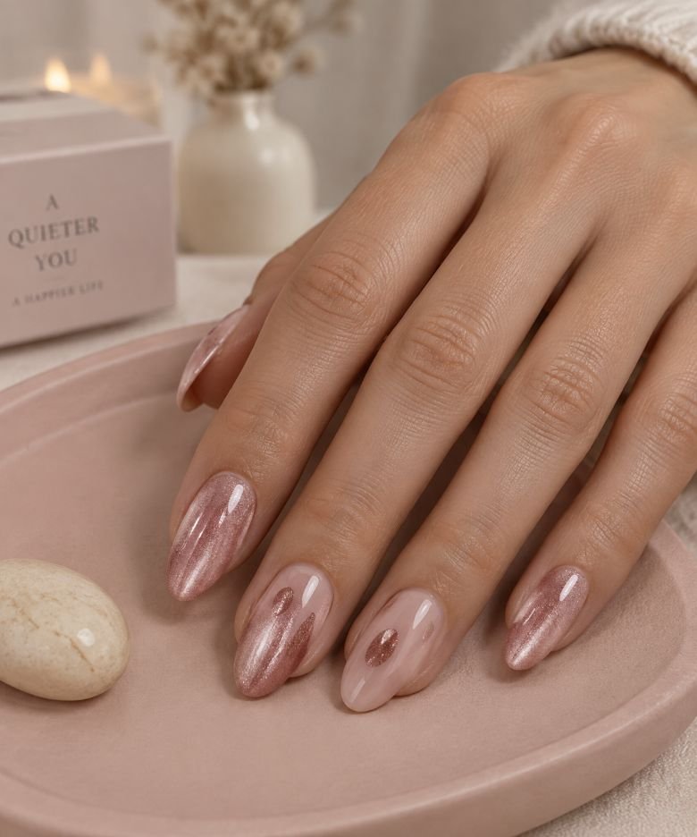 Rose Gold Cat-Eye Nails With Floating Ovals