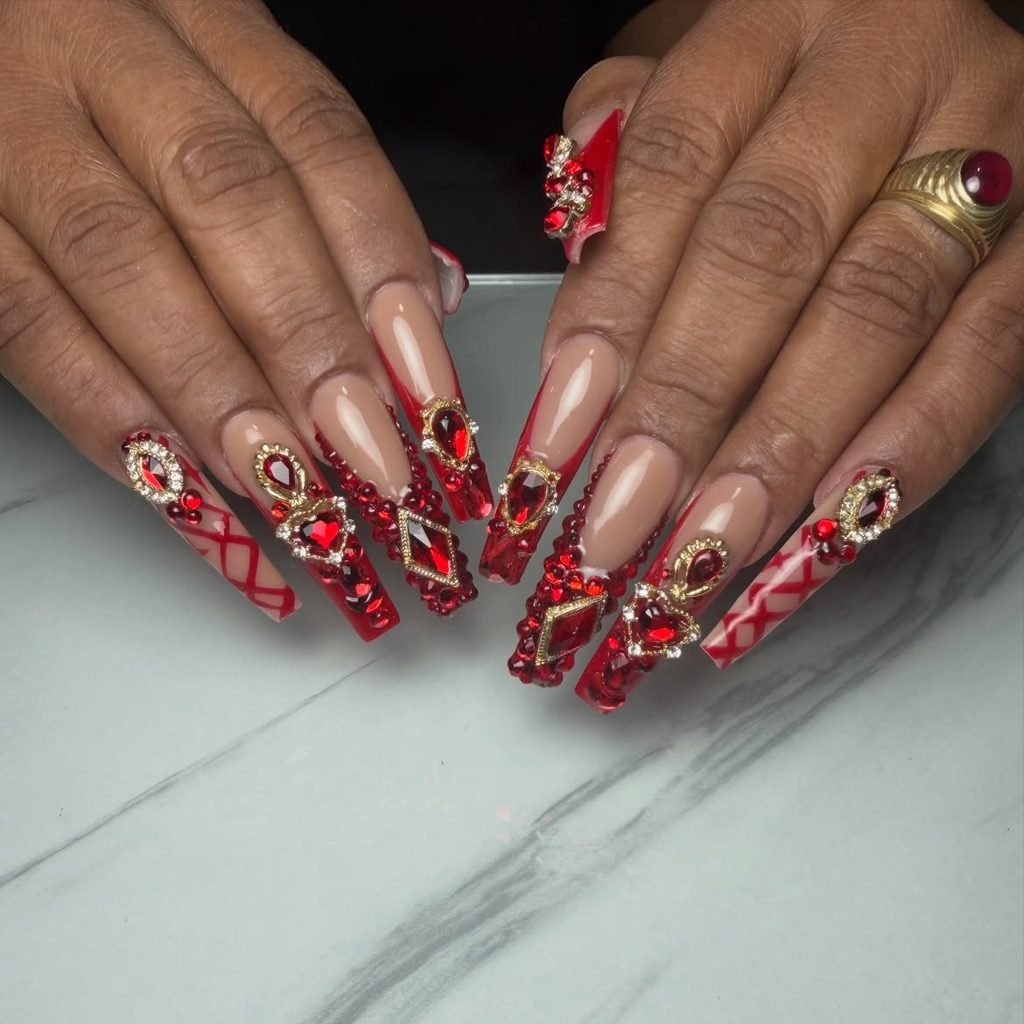 Ruby Heart Jewel Nails
