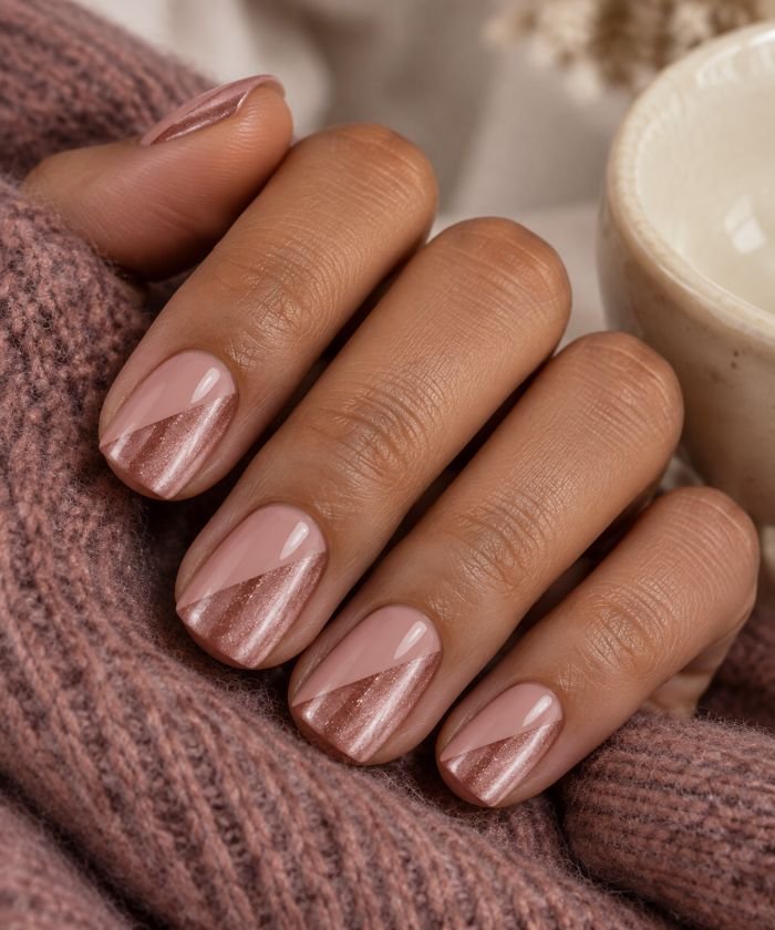 Satin Pink and Glossy Rose Gold Split Nails