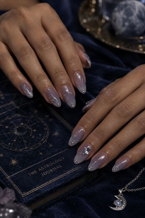 Silver Constellation Rhinestone Nails