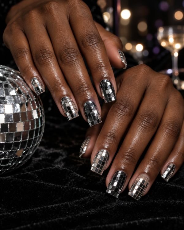 Silver Mirrorball Mosaic Nails