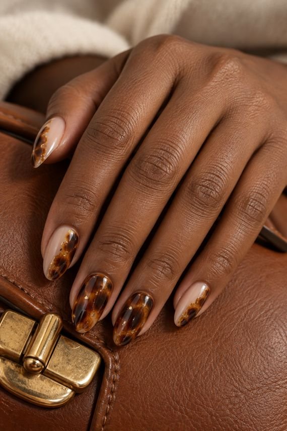  Tortoiseshell Nails With Gold Glitter Flecks